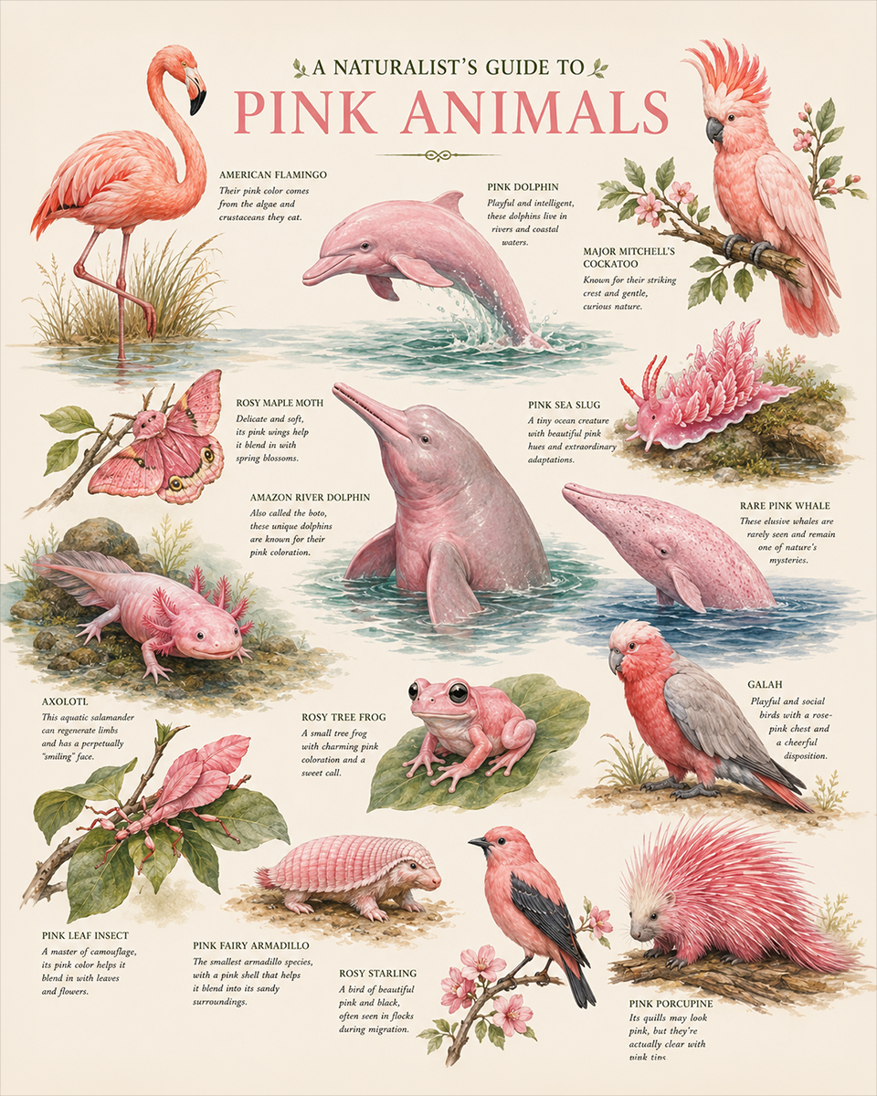 naturalist's guide to pink animals matted art print - nature color study wildlife chart