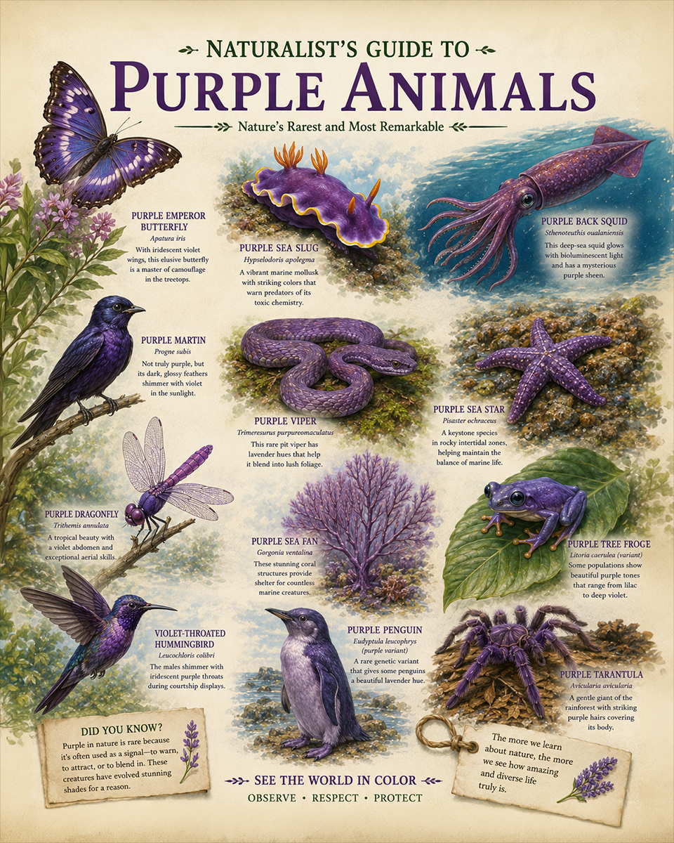 naturalist's guide to purple animals matted art print - wildlife color collection educational print