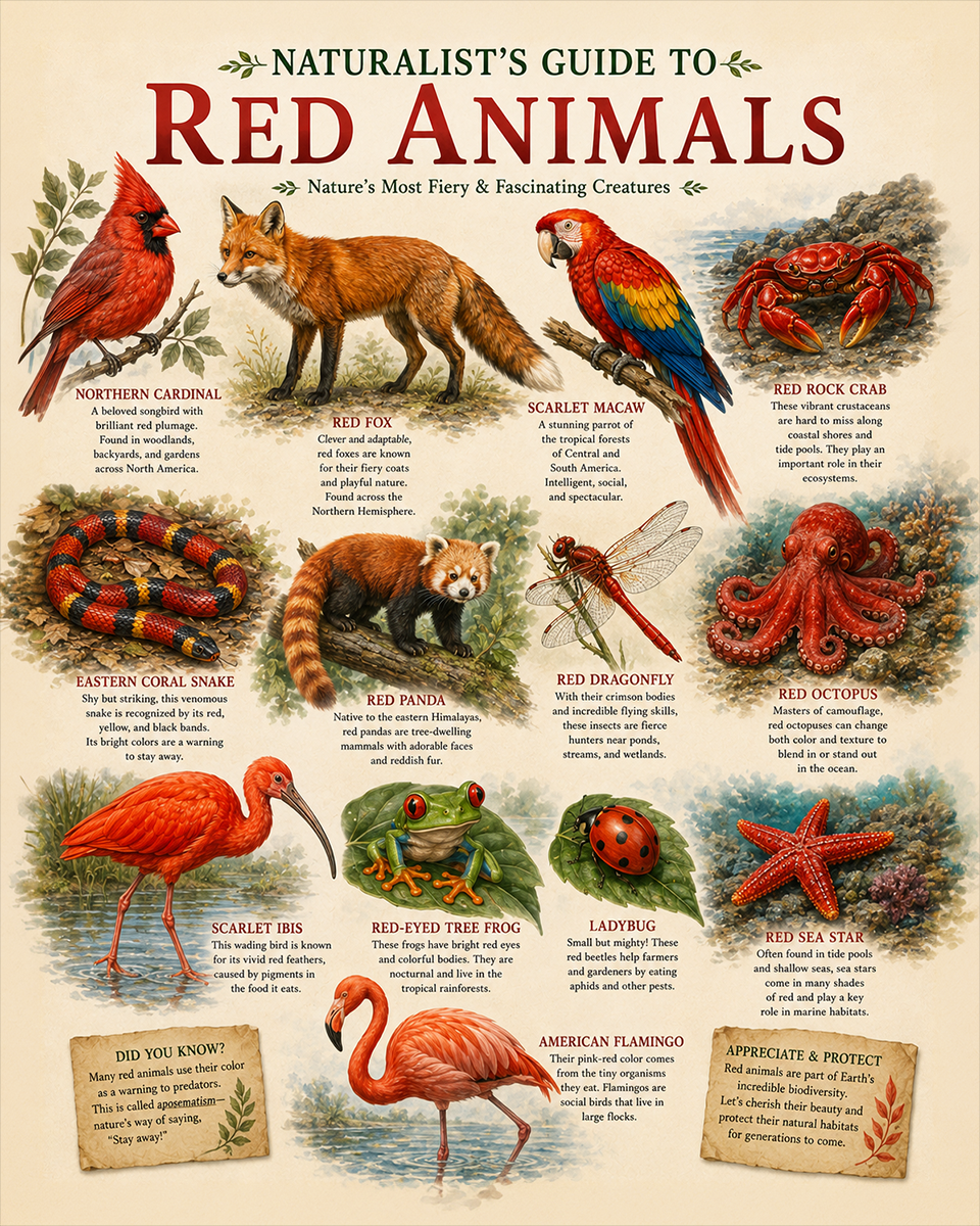 naturalist's guide to red animals matted art print - nature study wildlife identification chart