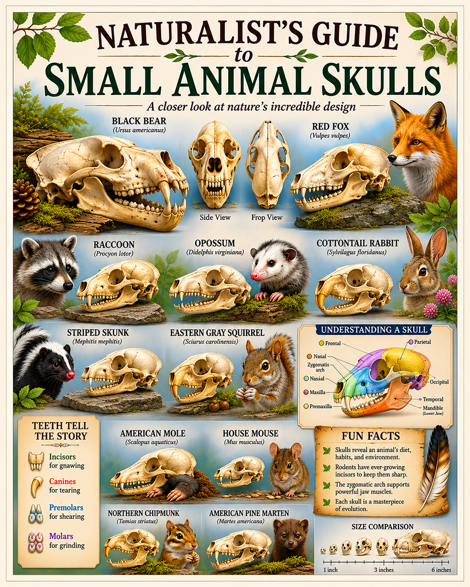 naturalist's guide to small animal skulls matted art print - wildlife anatomy field guide