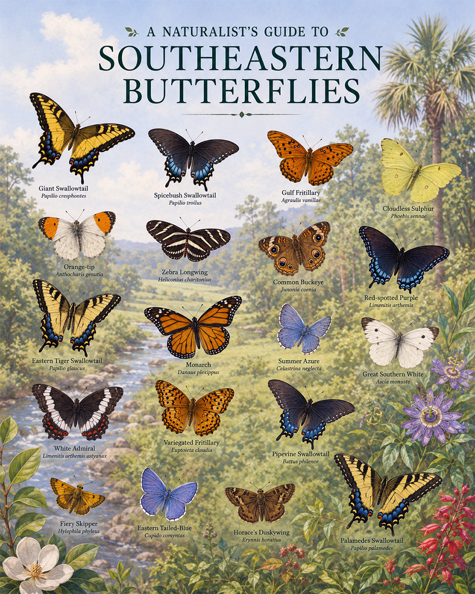 naturalist's guide to southeastern butterflies matted art print - regional nature study chart