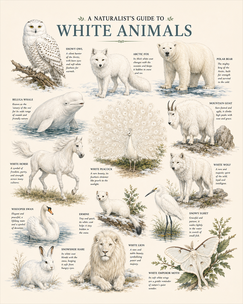 naturalist's guide to white animals matted art print - wildlife color collection poster