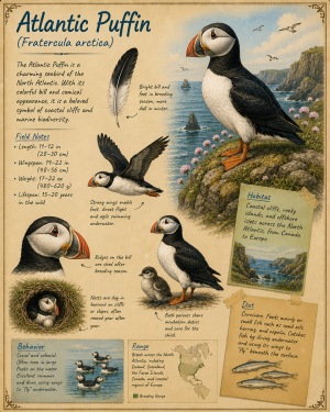 naturalist's notebook page on the atlantic puffin matted art print - coastal bird journal illustration