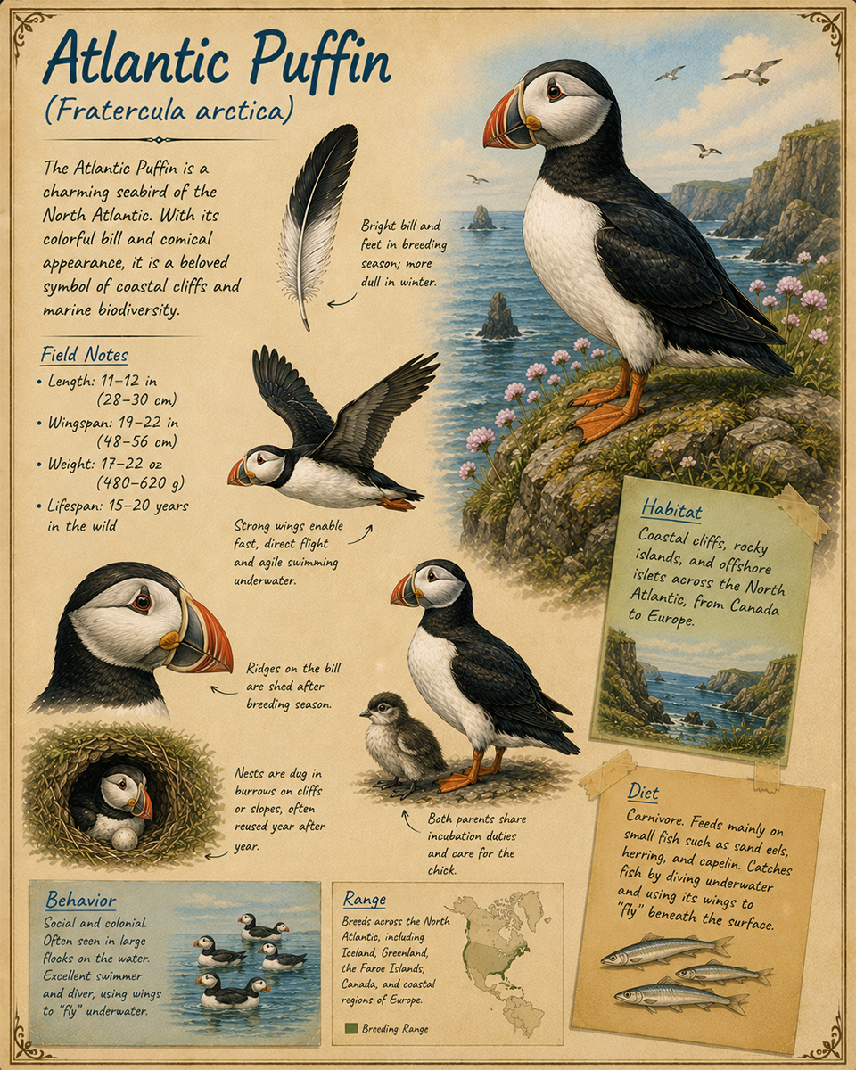 naturalist's notebook page on the atlantic puffin matted art print - coastal bird journal illustration