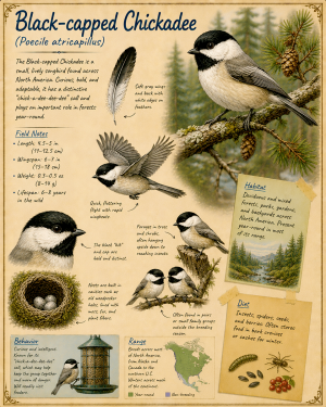 naturalist's notebook page on the black capped chickadee matted art print - birdwatcher's nature journal