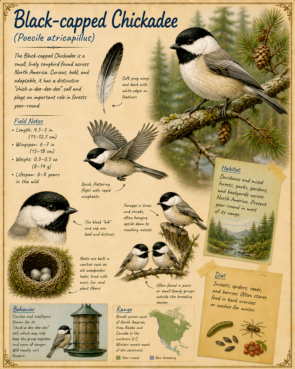 naturalist's notebook page on the black capped chickadee matted art print - birdwatcher's nature journal