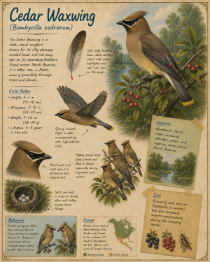 naturalist's notebook page on the cedar waxwing matted art print - songbird field notes artwork