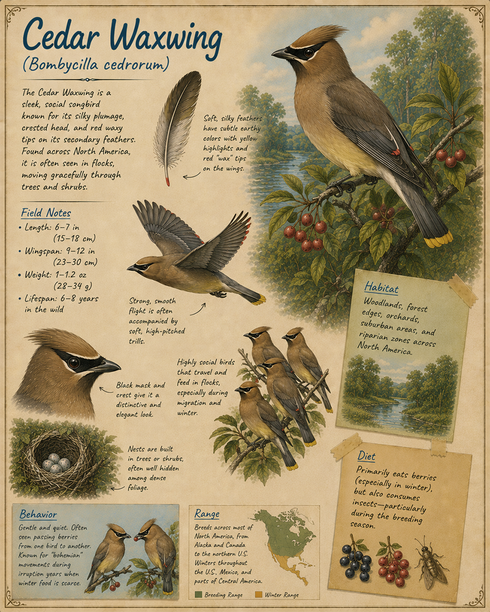 naturalist's notebook page on the cedar waxwing matted art print - songbird field notes artwork