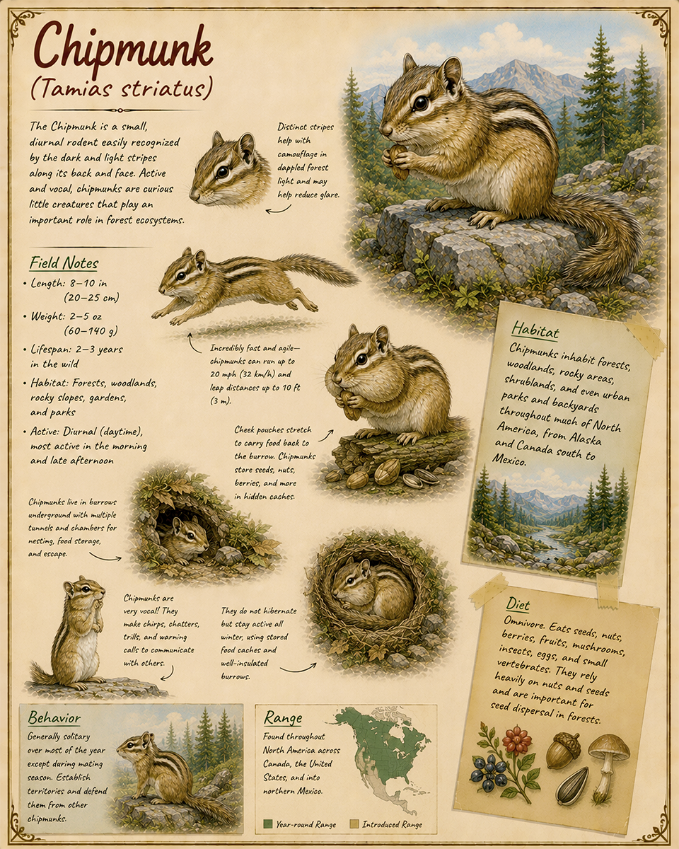 naturalist's notebook page on the chipmunk matted art print - woodland wildlife journal illustration