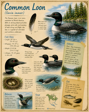 naturalist's notebook page on the common loon matted art print - lake wildlife journal art