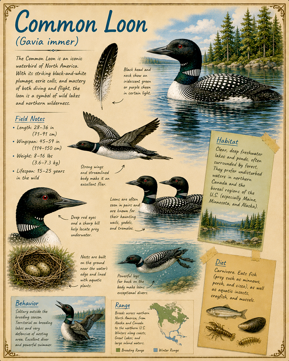 naturalist's notebook page on the common loon matted art print - lake wildlife journal art