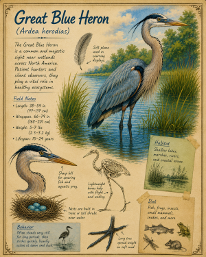 naturalist's notebook page on the great blue heron matted art print - wetland bird study print