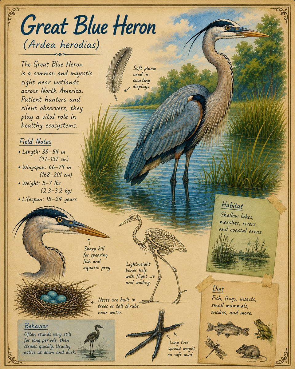 naturalist's notebook page on the great blue heron matted art print - wetland bird study print