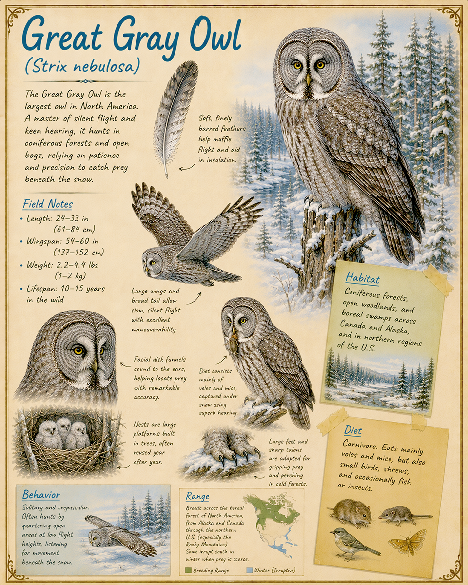 naturalist's notebook page on the great gray owl matted art print - owl observation journal artwork