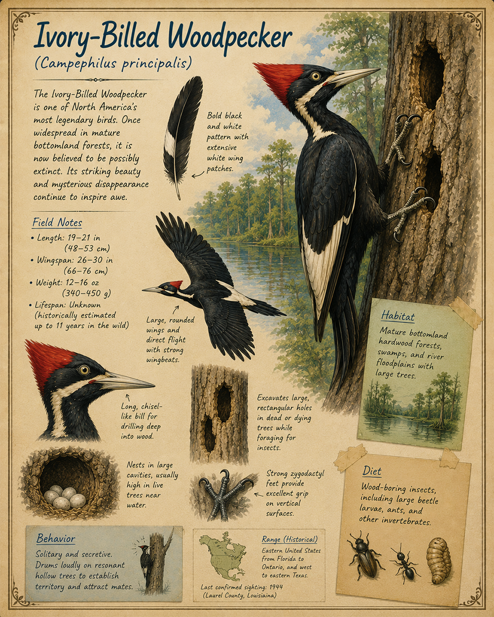 naturalist's notebook page on the ivory billed woodpecker matted art print - rare bird natural history art