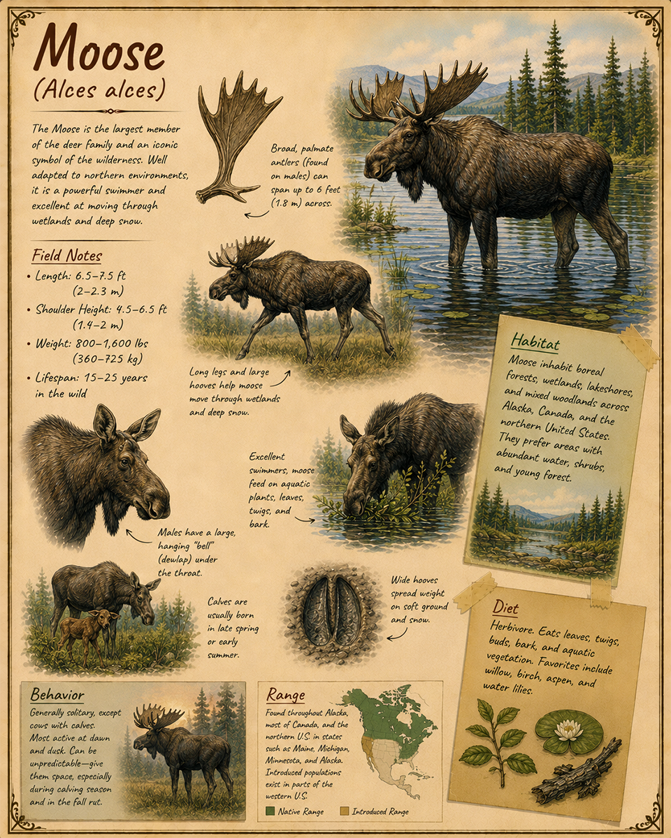 naturalist's notebook page on the moose matted art print - wilderness wildlife journal illustration