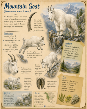 naturalist's notebook page on the mountain goat matted art print - alpine wildlife study print