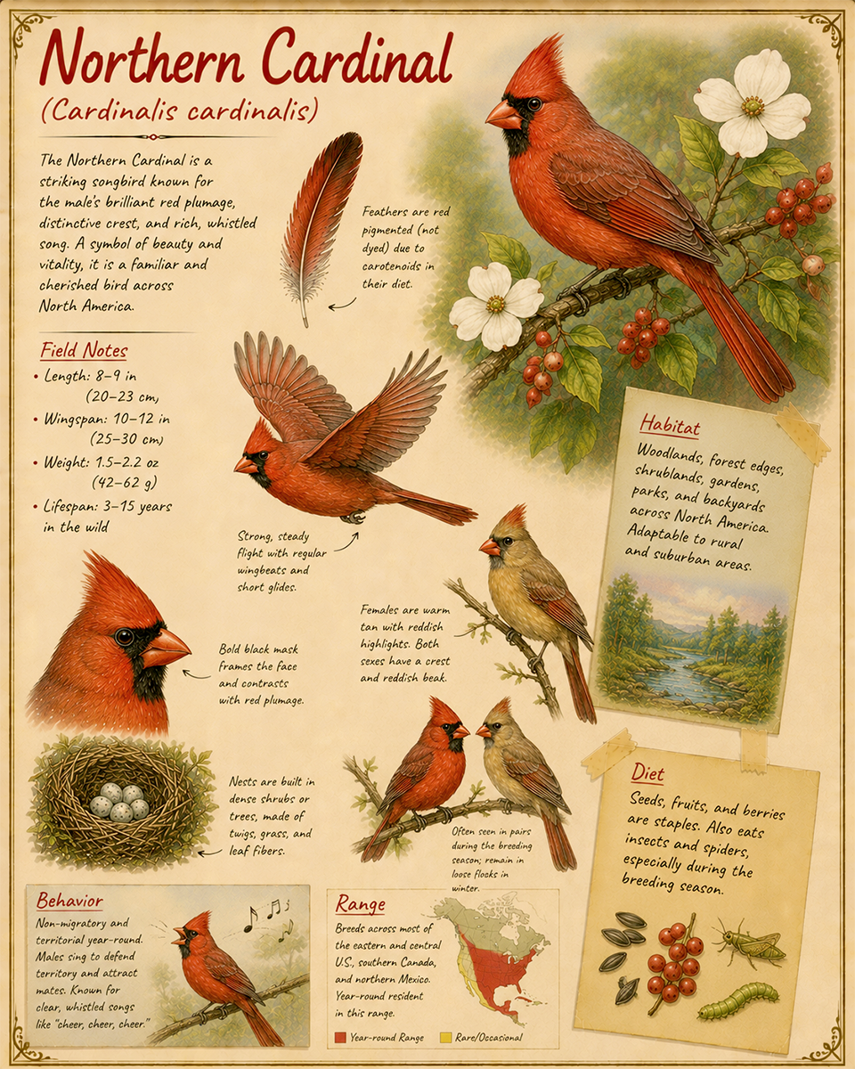 naturalist's notebook page on the northern cardinal matted art print - backyard bird journal art