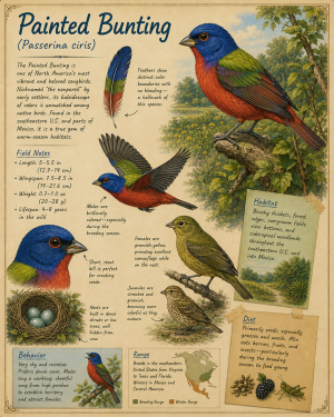 naturalist's notebook page on the painted bunting matted art print - colorful songbird field notes