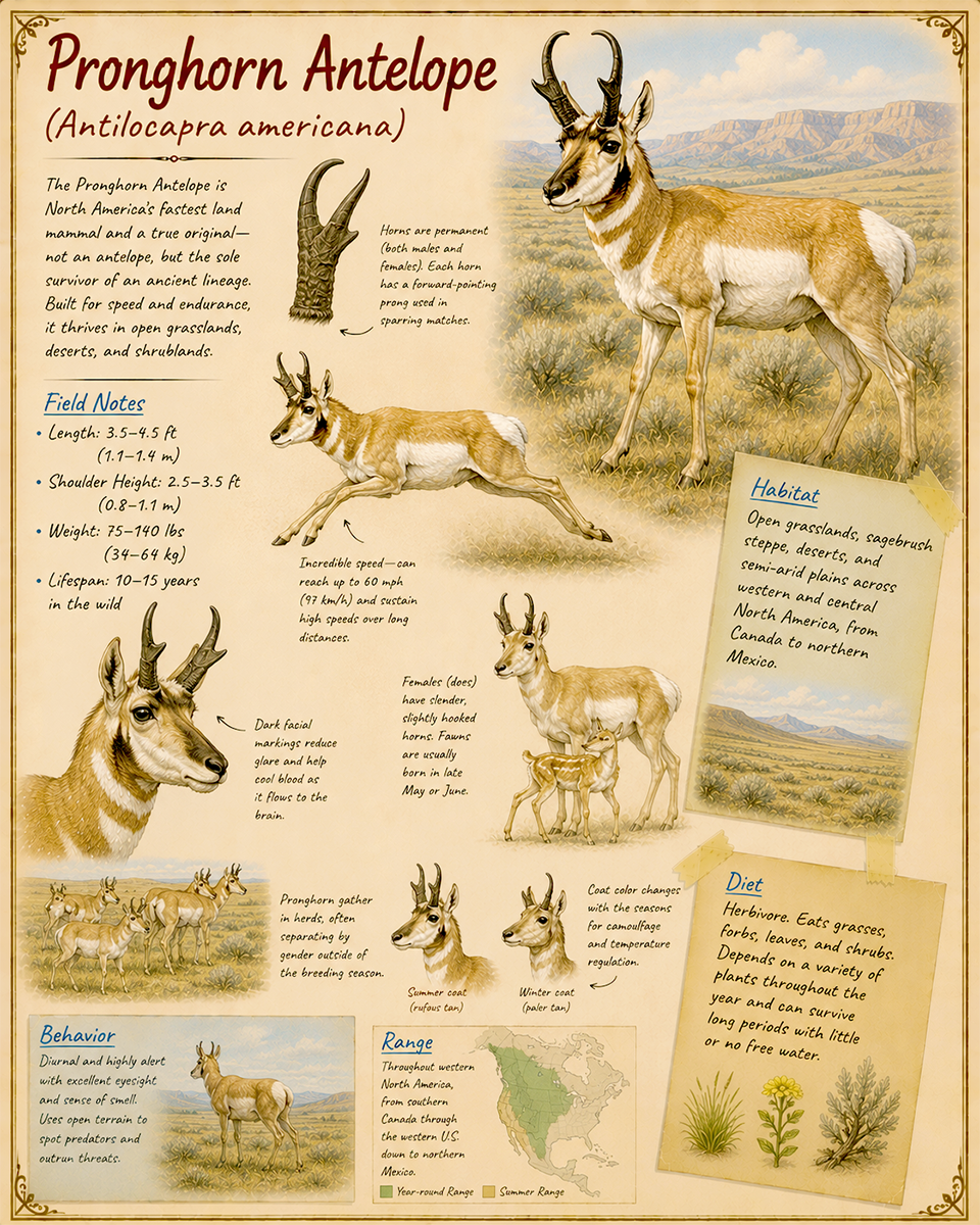 naturalist's notebook page on the pronghorn antelope matted art print - prairie wildlife journal art