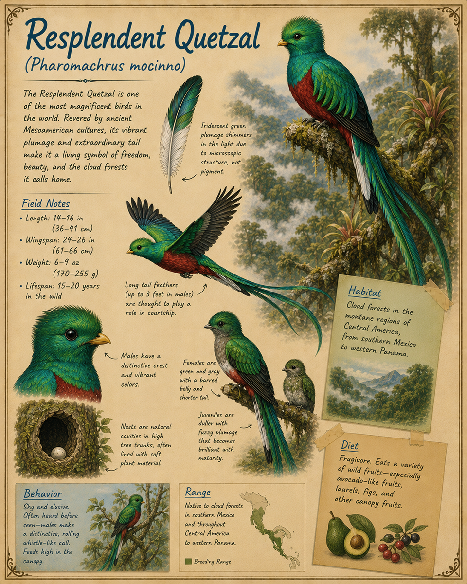 naturalist's notebook page on the resplendent quetzal matted art print - tropical bird study artwork