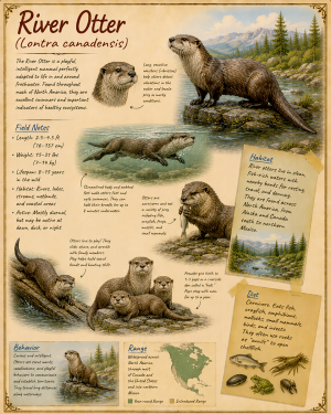 naturalist's notebook page on the river otter matted art print - aquatic wildlife journal illustration