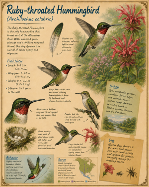 naturalist's notebook page on the ruby throated hummingbird matted art print - pollinator bird journal art