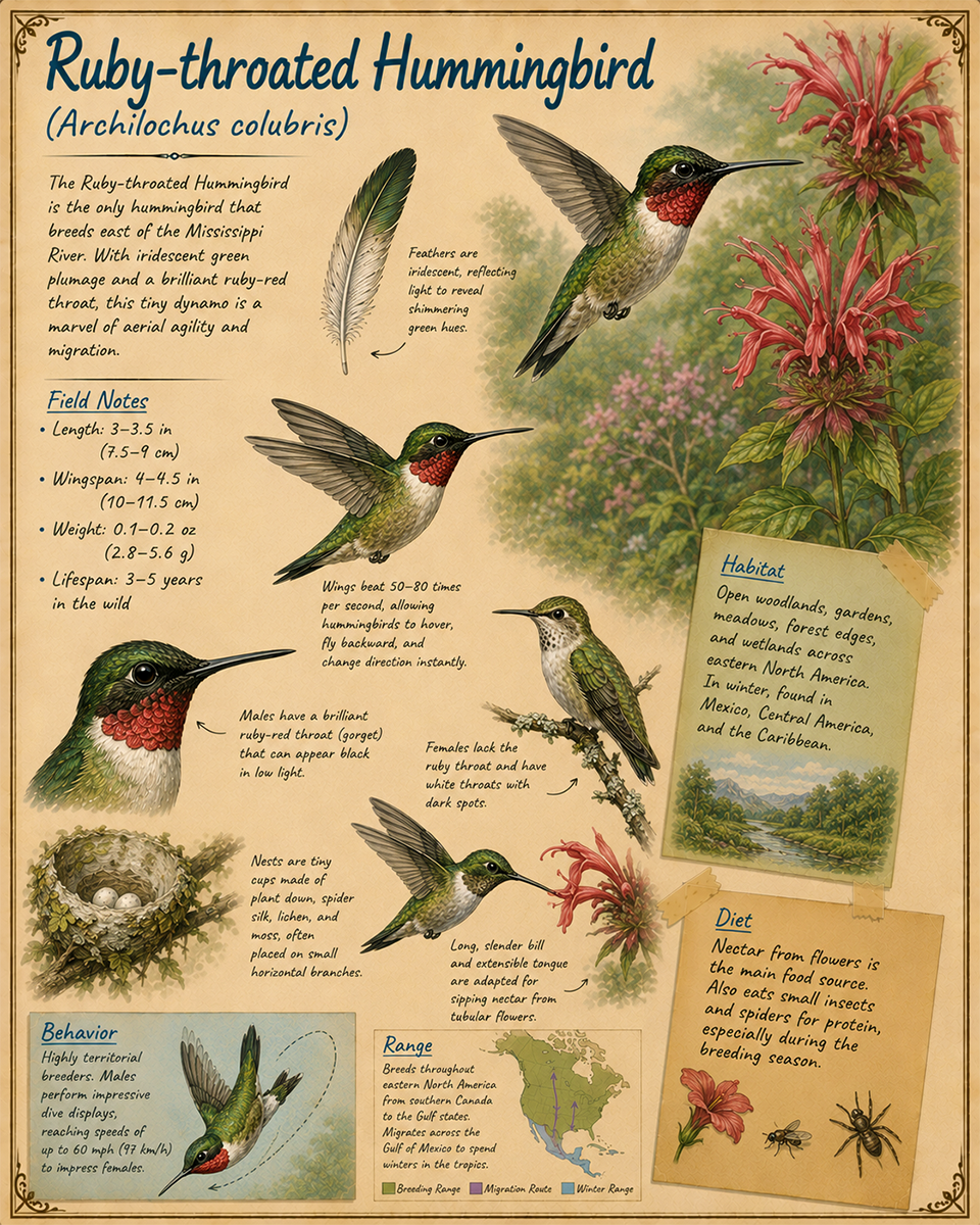 naturalist's notebook page on the ruby throated hummingbird matted art print - pollinator bird journal art