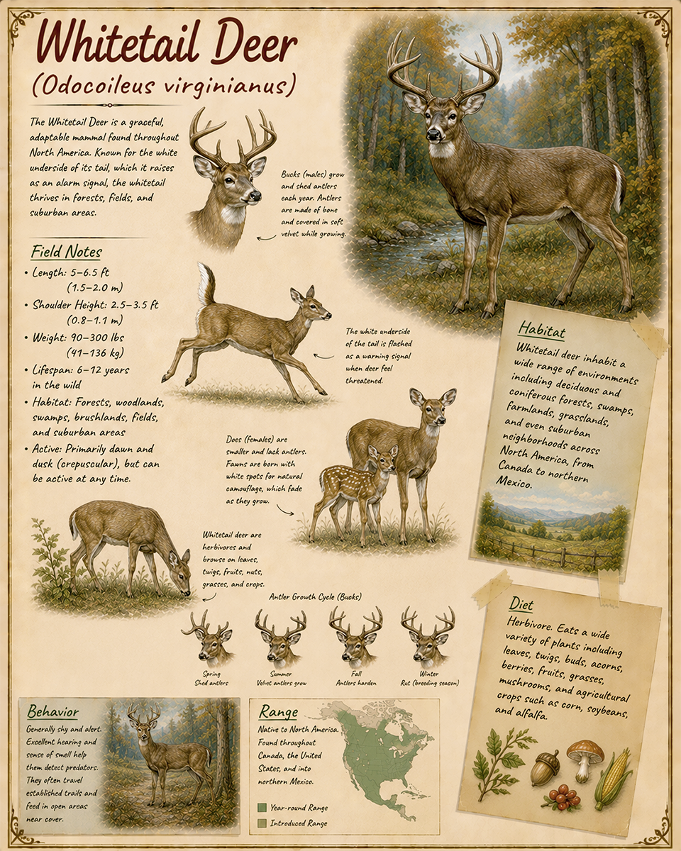 naturalist's notebook page on the whitetail deer matted art print - woodland wildlife journal artwork
