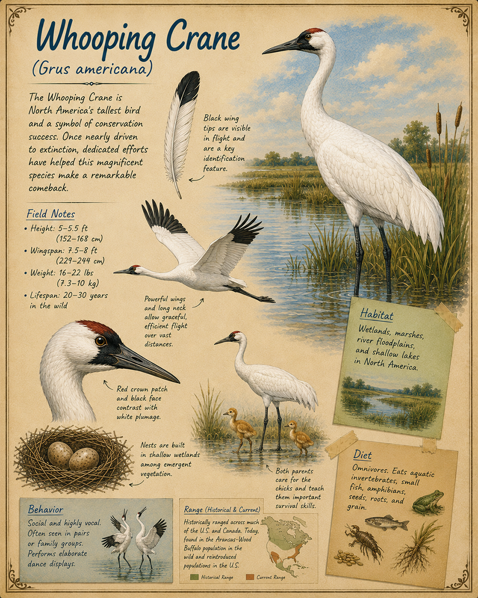 naturalist's notebook page on the whooping crane matted art print - rare bird conservation journal art