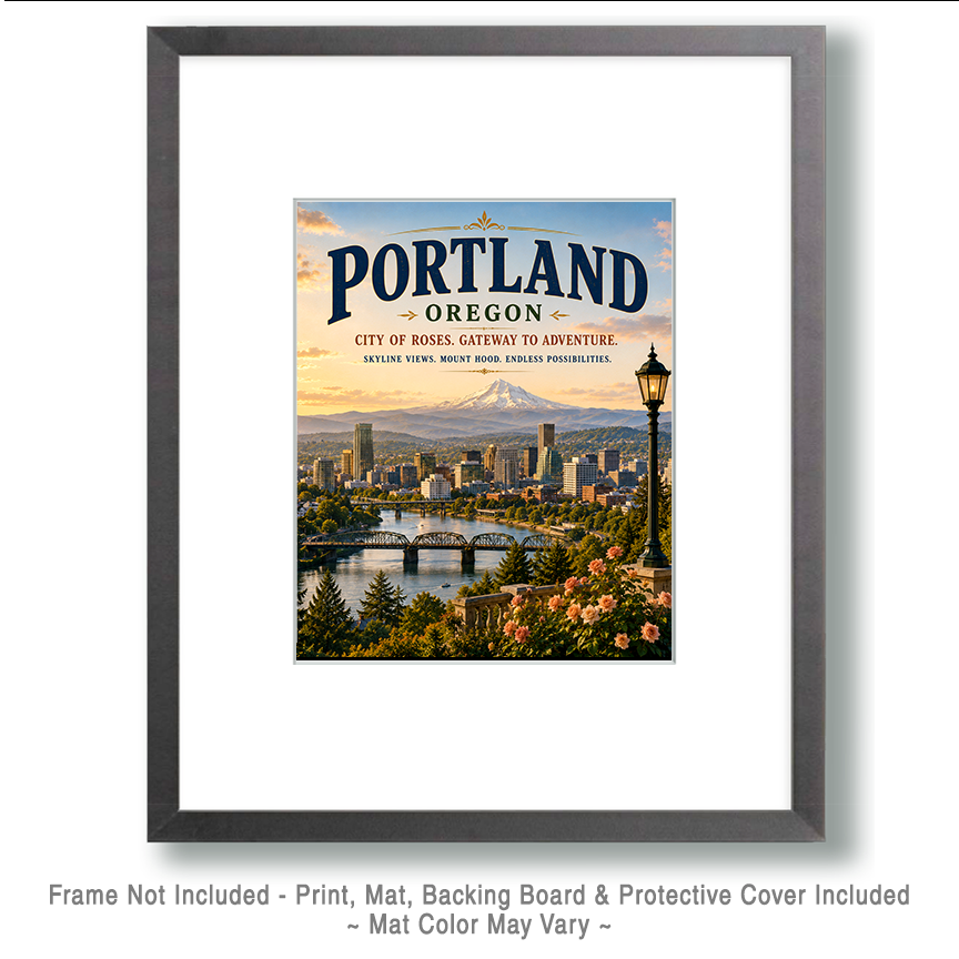 Portland Oregon Skyline and Mount Hood View Matted Art Print - Wholesale Pacific Northwest City Decor - Image 2