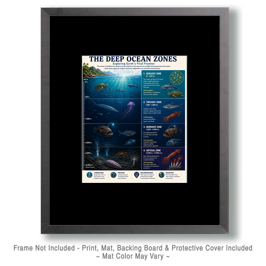 Scientific Illustration of Deep Ocean Zones - Sunlight Zone - Twilight Zone - Midnight Zone and Abyssal Zone - Marine Biology Infographic Matted Art Prints for Classrooms - Image 2