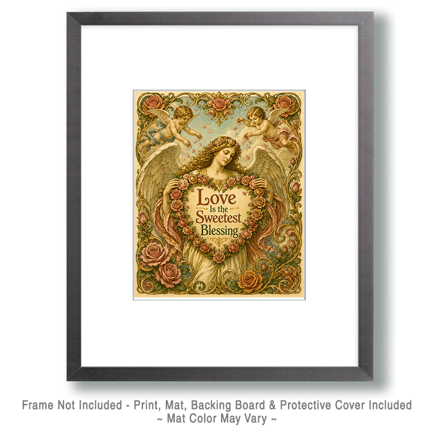 Vintage Angel Valentine Wall Art Matted Art Print - Love Is the Sweetest Blessing Romantic Decor - Image 2