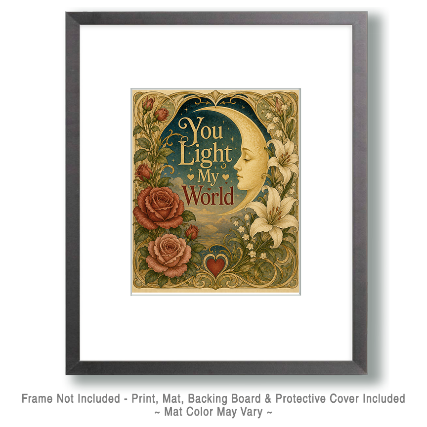 Vintage Art Nouveau Moon Valentine Wall Art Matted Art Print - You Light My World Romantic Decor - Image 2