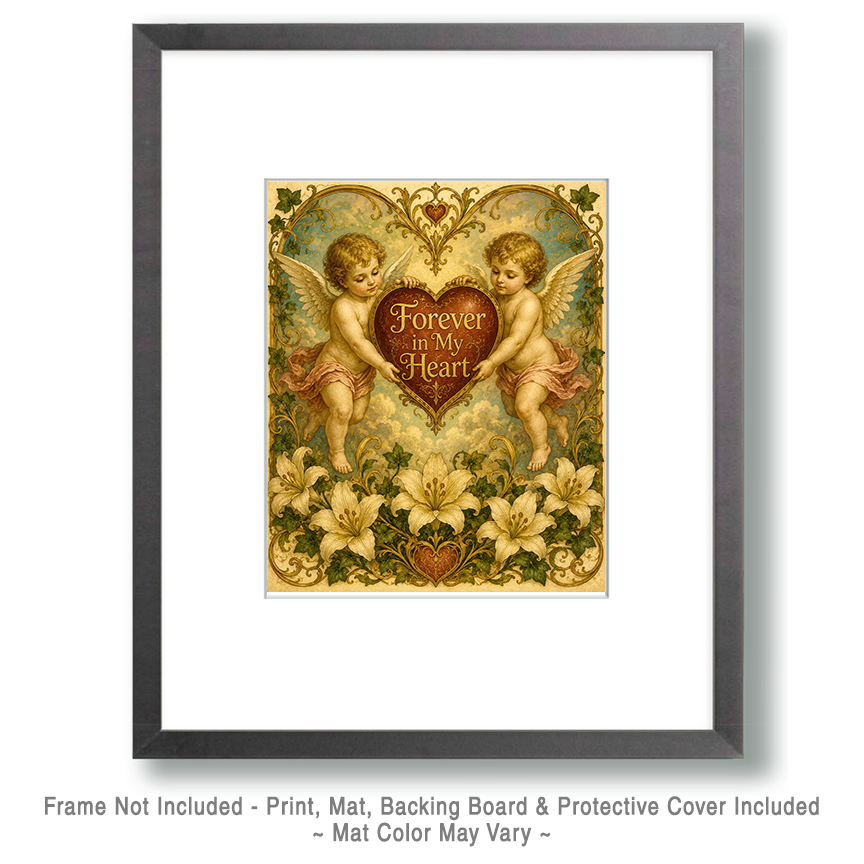 Vintage Cherub Heart Wall Art Matted Art Print - Forever in My Heart Romantic Decor - Image 2