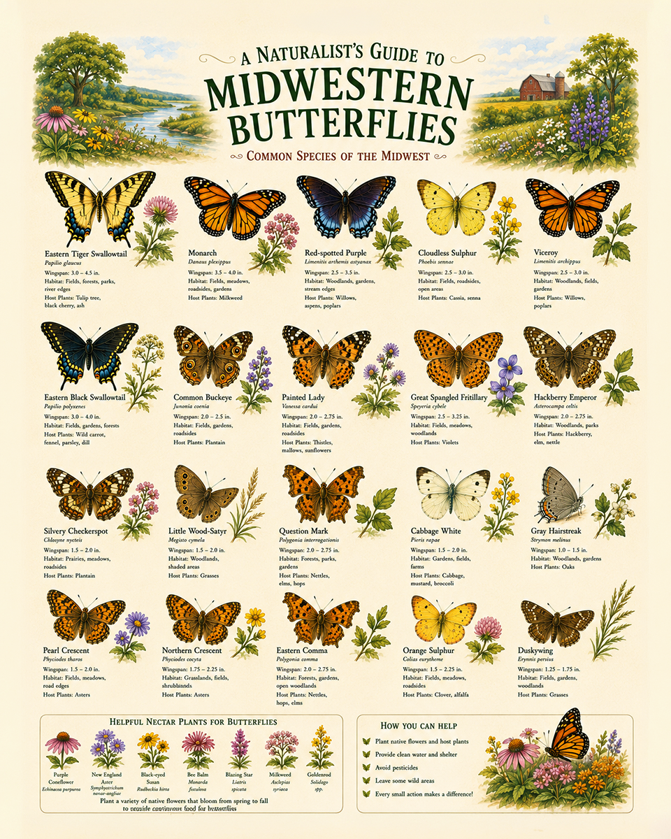 vintage style naturalist's guide to midwestern butterflies matted art print - antique butterfly chart