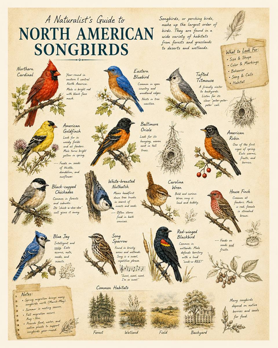 vintage style naturalist's guide to north american songbirds matted art print - classic bird identification guide
