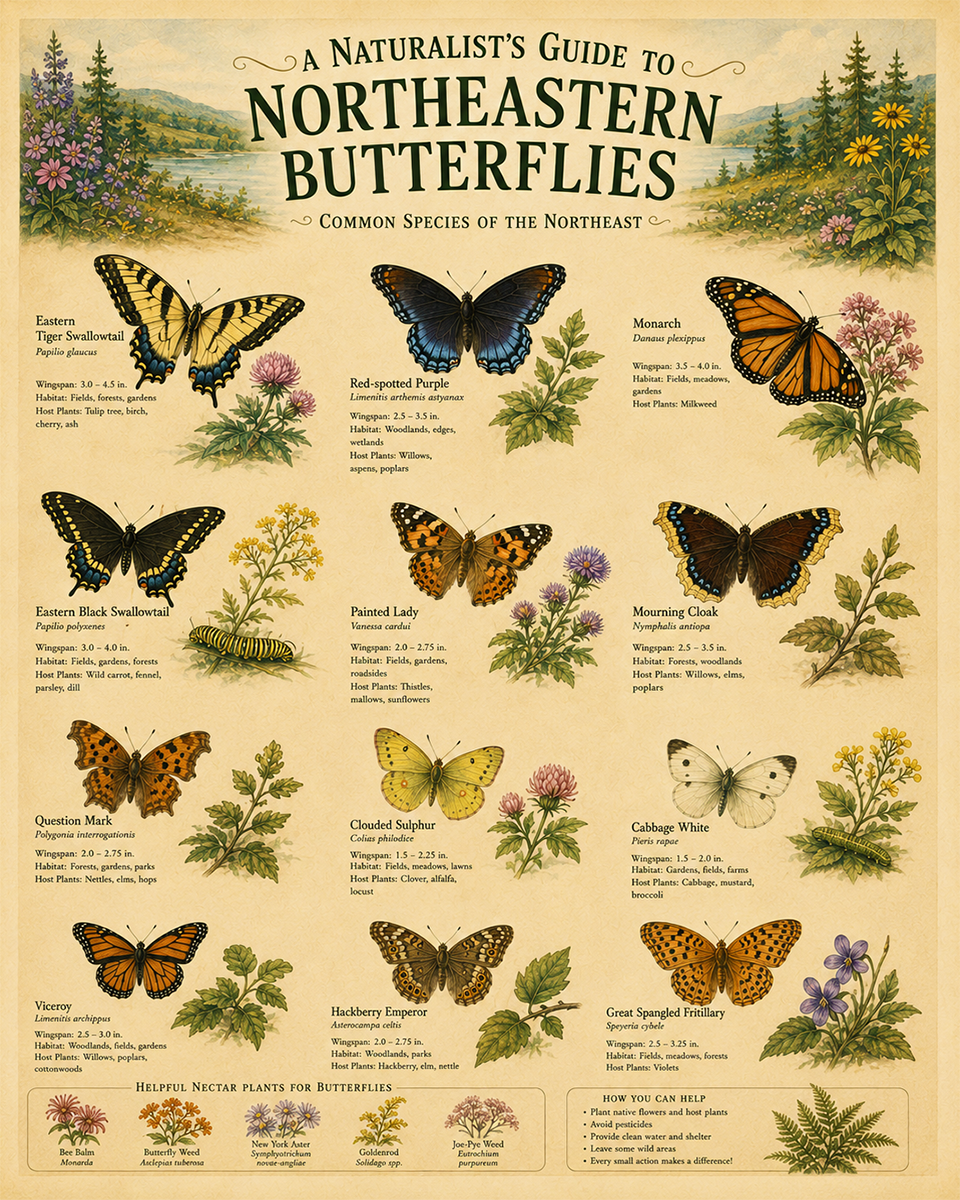 vintage style naturalist's guide to northeastern butterflies matted art print - vintage nature study poster