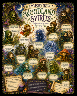 witch's guide to woodland spirits matted art print - enchanted forest folklore and nature magic art