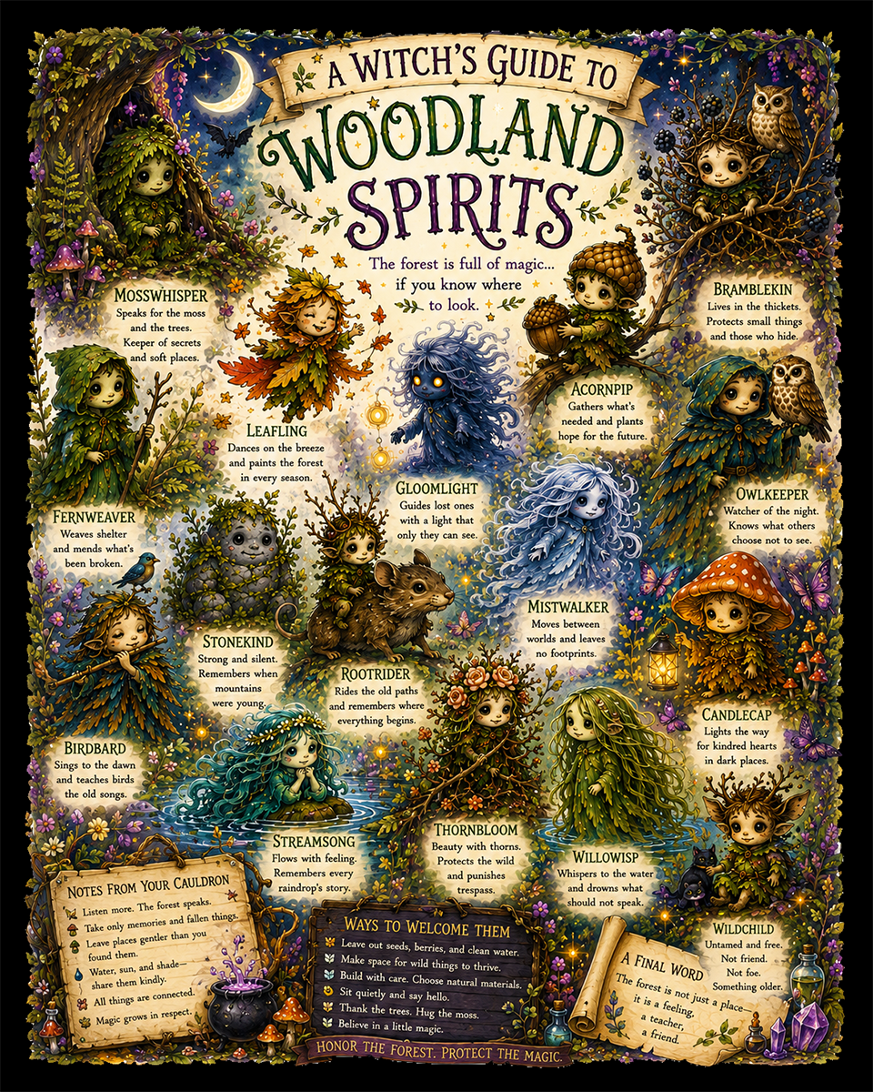 witch's guide to woodland spirits matted art print - enchanted forest folklore and nature magic art