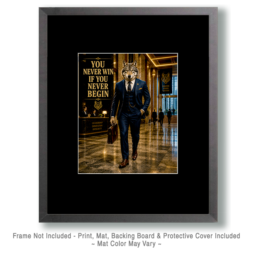 Wolf Purpose Wall Art Matted Art Print - You Never Win if You Never Begin Motivational Decor - Image 2