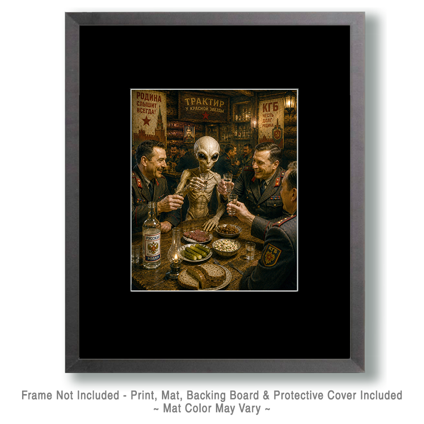 Zeta Reticuli Star System Alien Skinny Bob Drinking with the KGB - Matted Art Print - Wholesale Gallery Wall Art - Image 2